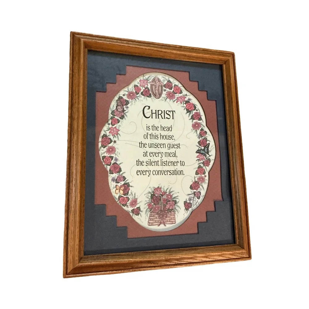 Vintage Christ is the Head of this House Framed Wall Art Floral Blessing 11x9